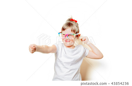 toddler girl in white t-shirt and glasses toddler girl in white t-shirt and glasses 43854236