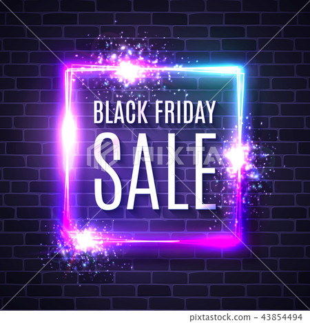Black friday shopping web banner. Modern neon blue and purple billboard on brick wall. Advertising Black friday shopping web banner. Modern neon blue and purple billboard on brick wall. Advertising 43854494
