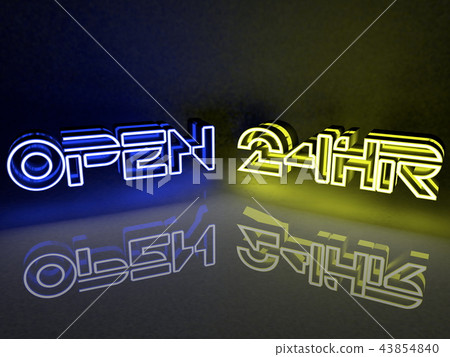 Neon light inscription open for 24 hours in blue a 43854840