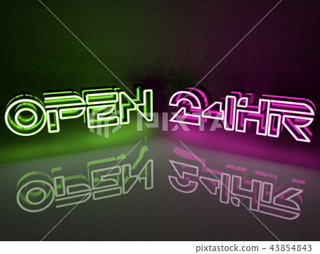 Neon light inscription open for 24 hours in green  43854843