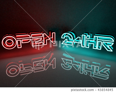 Neon light inscription open for 24 hours in red an 43854845