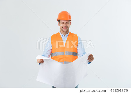 Portrait of confident young bussinessman architect or engineer smiling on white background. Portrait of confident young bussinessman architect or engineer smiling on white background. 43854879