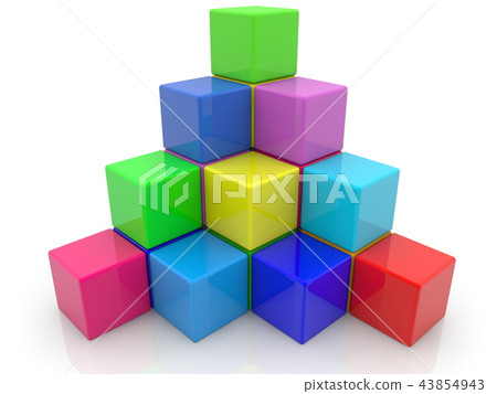 Pyramid stacked cubes in various colors on white b 43854943