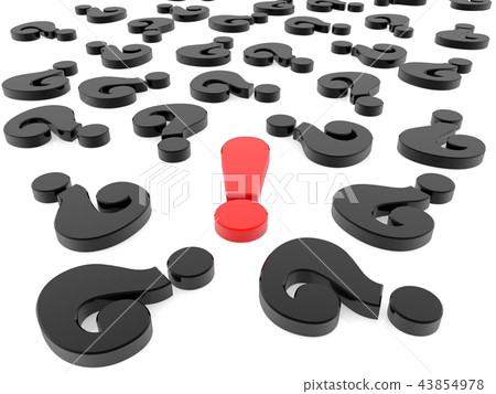 Exclamation mark in red with black question marks  43854978