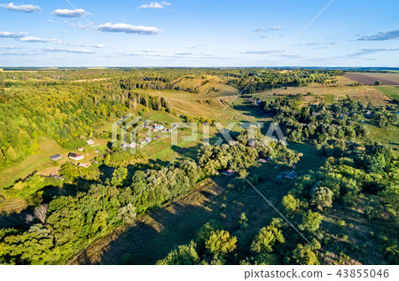 Typical aerial landscape of the Central Russian Upland. Bolshoe Gorodkovo village, Kursk region 43855046