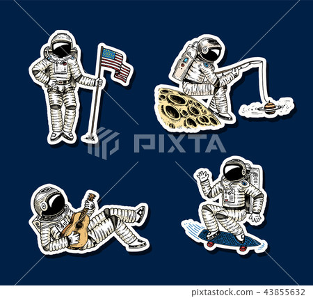 Set of Astronauts in space stickers. Collection soaring spaceman with flag. dancer musician Set of Astronauts in space stickers. Collection soaring spaceman with flag. dancer musician 43855632
