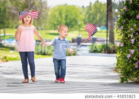 Sister and Brother Waving American Flags At Park 43855925