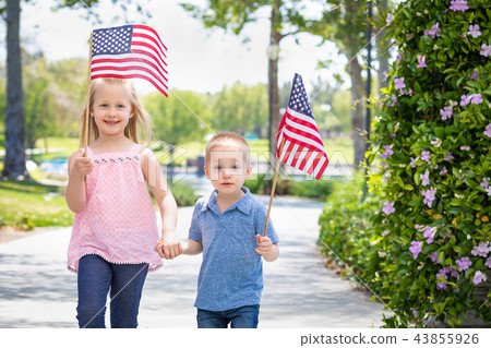 Sister and Brother Waving American Flags At Park 43855926