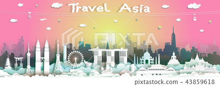 Landmarks of asia with skyline on pink background. Landmarks of asia with skyline on pink background. 43859618