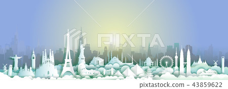 Landmarks of the world and sunset background. Landmarks of the world and sunset background. 43859622
