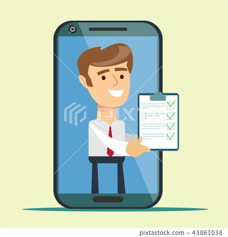 businessman from smartphone screen giving online contract . businessman from smartphone screen giving online contract . 43861038