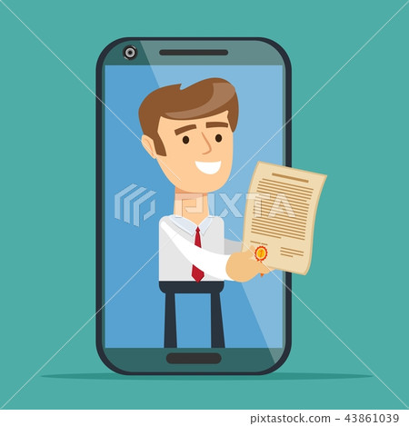 businessman from smartphone screen giving online contract . businessman from smartphone screen giving online contract . 43861039