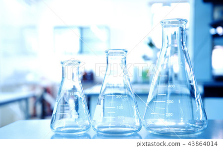 three glass flasks in education blue science lab - Stock Photo [43864014] -  PIXTA