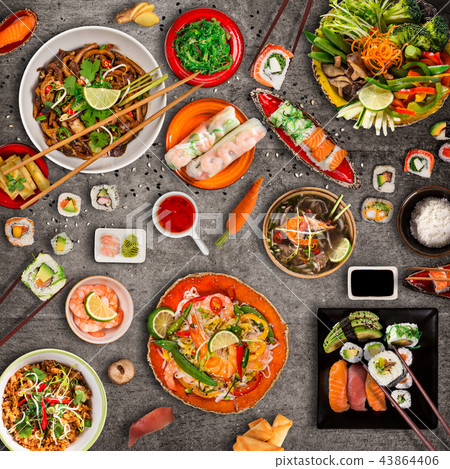 Various of asian meals on rustic background , top view. Various of asian meals on rustic background , top view. 43864406