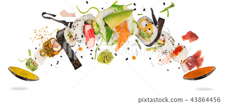 Pieces of delicious japanese sushi frozen in the air. 43864456