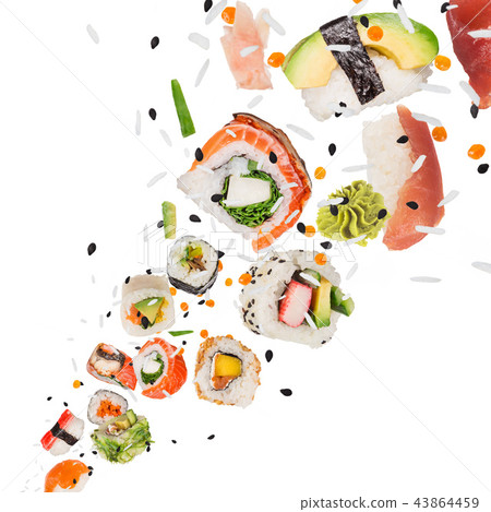 Pieces of delicious japanese sushi frozen in the air. 43864459
