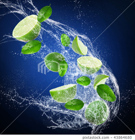 Limes with water splash on dark background Limes with water splash on dark background 43864680