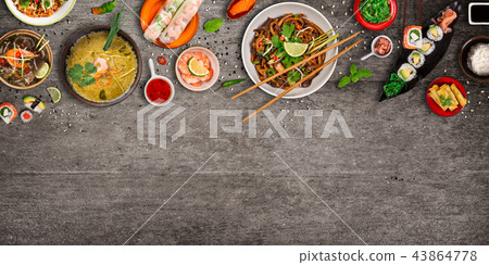 Various of asian meals on rustic background , top view , place for text. 43864778