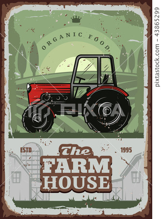 Farm house vector poster with farmer tractor Farm house vector poster with farmer tractor 43865299