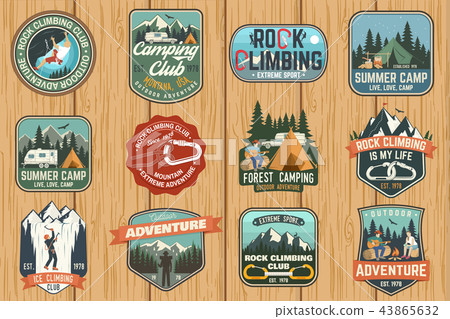 Set of Rock Climbing club and summer camp badges. Vector. 43865632