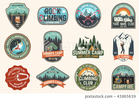 Set of Rock Climbing club and summer camp badges. Vector. 43865639
