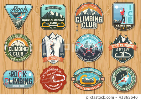 Set of Rock Climbing club badges on the wood board. Vector. 43865640