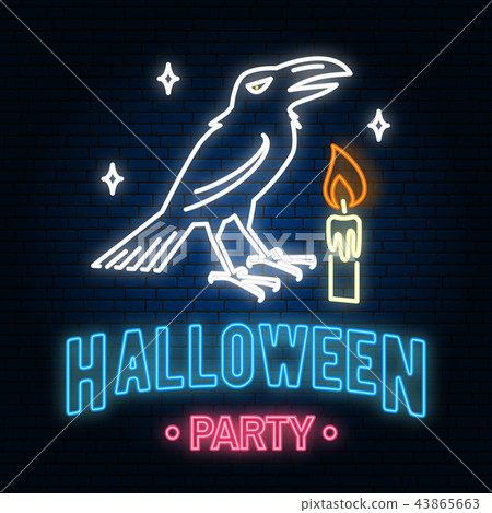 Halloween party neon sign or emblem. Vector illustration. Halloween Party light banner with crow and Halloween party neon sign or emblem. Vector illustration. Halloween Party light banner with crow and 43865663