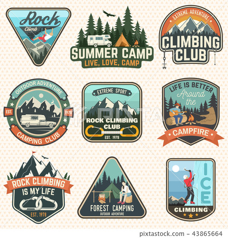 Set of Rock Climbing club and summer camp badges. Vector. Set of Rock Climbing club and summer camp badges. Vector. 43865664