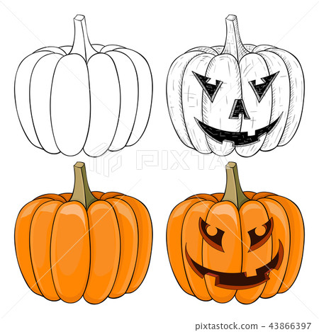 Halloween pumpkin. Black and white and colored doodle Halloween pumpkin. Black and white and colored doodle 43866397