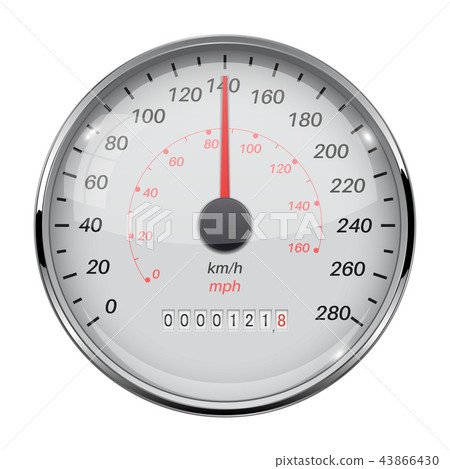 Speedometer. Speed gauge with metal frame. 140 km per hour Speedometer. Speed gauge with metal frame. 140 km per hour 43866430