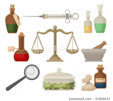 Retro medical tools, laboratory equipment and medicines set vector Illustrations on a white Retro medical tools, laboratory equipment and medicines set vector Illustrations on a white 43866637