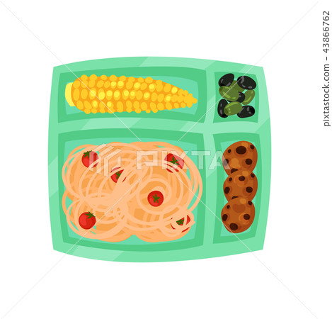 Plastic tray with food. Spaghetti with tomatoes, boiled corn, cookies, black and green olives in Plastic tray with food. Spaghetti with tomatoes, boiled corn, cookies, black and green olives in 43866762