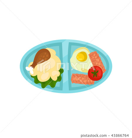 Oval tray with tasty food. Blue plastic lunch box with mashed potatoes, chicken leg, fried egg with 43866764