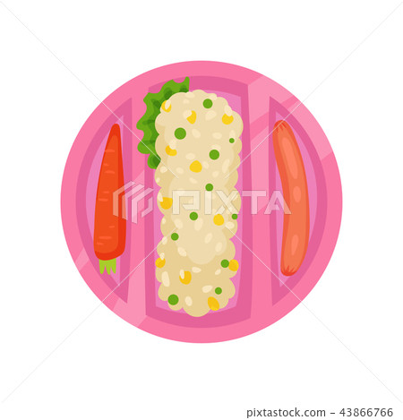 Round pink lunch box with fresh carrot, boiled sausage and rice with lettuce leaf. Plastic tray with Round pink lunch box with fresh carrot, boiled sausage and rice with lettuce leaf. Plastic tray with 43866766