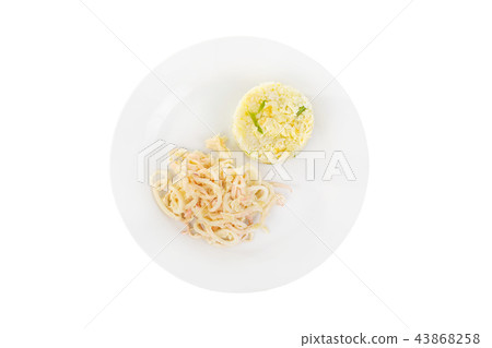 Rice with squid, seafood on plate isolated white Rice with squid, seafood on plate isolated white 43868258
