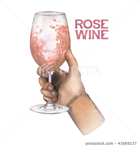 Watercolor hand holding glass of rose wine isolated on white background 43869237