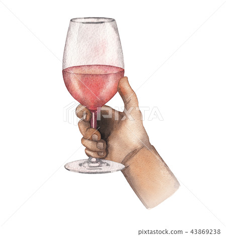 Watercolor hand holding glass of rose wine isolated on white background 43869238