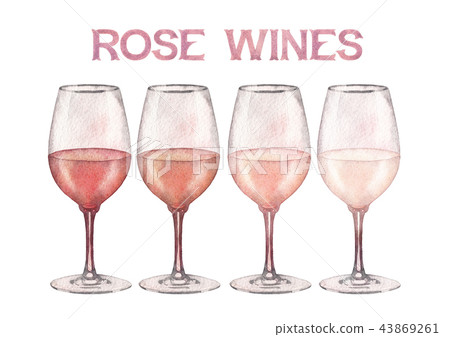 Four watercolor glasses of rose wine isolated on white background 43869261