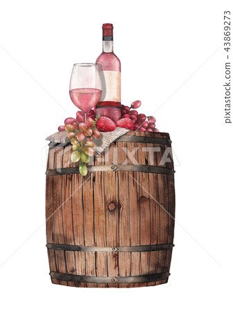 Watercolor glass of rose wine, bottle, strawberries and grapes on the wooden barrel 43869273