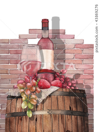 Watercolor glass of rose wine, bottle, strawberries and grapes on the wooden barrel Watercolor glass of rose wine, bottle, strawberries and grapes on the wooden barrel 43869276