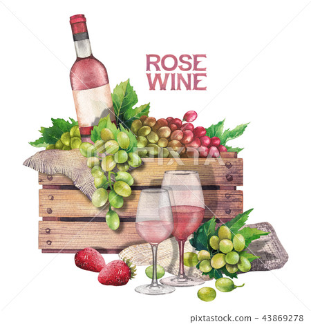 Watercolor box with bottle and grapes with wine glasses in front 43869278