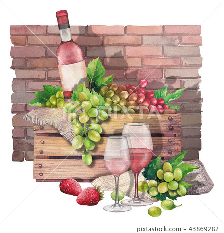 Watercolor box with bottle and grapes with wine glasses in front 43869282