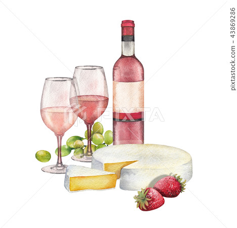 Watercolor wine glasses and bottle decorated win cheese, strawberries and grapes 43869286