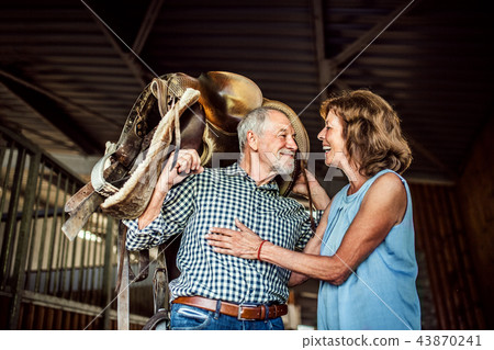 A senior couple holding a horse saddle on his shoulders in a stable. A senior couple holding a horse saddle on his shoulders in a stable. 43870241