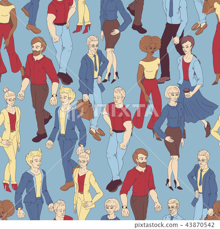 Seamless pattern with business people walking. Cartoon style illustration with men and woman. Seamless pattern with business people walking. Cartoon style illustration with men and woman. 43870542