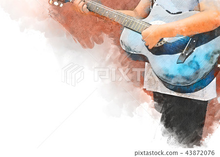 Guitar in the foreground on Watercolor painting. Guitar in the foreground on Watercolor painting. 43872076
