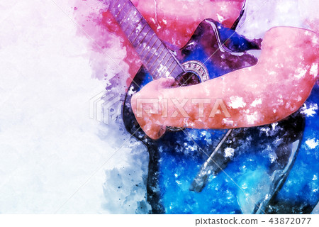Guitar in the foreground on Watercolor painting. Guitar in the foreground on Watercolor painting. 43872077