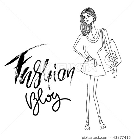 Fashion blog lettering. Modern abstract girl with big bag. Vector illustration. Fashion blog lettering. Modern abstract girl with big bag. Vector illustration. 43877415