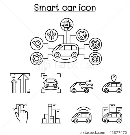 Smart car icons set in thin line style 43877470