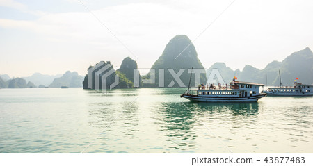 Halong Bay islands, tourist boats and seascape 43877483